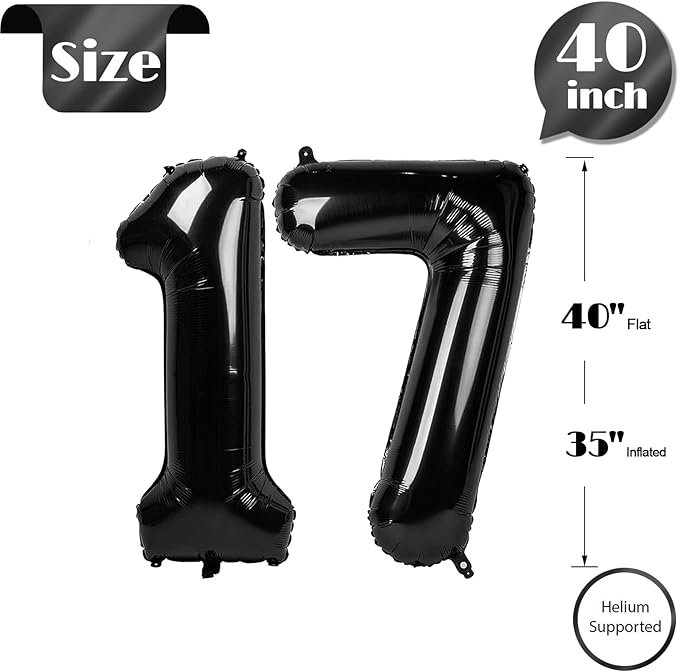 Black Number 17 Balloon 40 inch, 17 Number Balloons, 17th Black Birthday Decorations, 17 Year Old Girls Boys Party Supplies