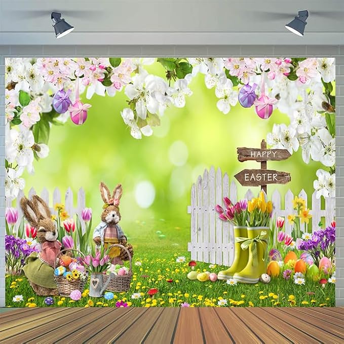 CYLYH 7x5FT Easter Backdrop Spring Flowers Grass Backdrop Colored Egg Rabbit Backdrop for Easter Party Decoration Baby Shower
