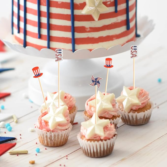 100pcs Patriotic Cocktail Picks Red White Blue 4th of July Decor Toothpicks Stick Skewer for Appetizer Charcuterie Accessories Fourth July Independence Memorial Veterans Election Day Party Decorations