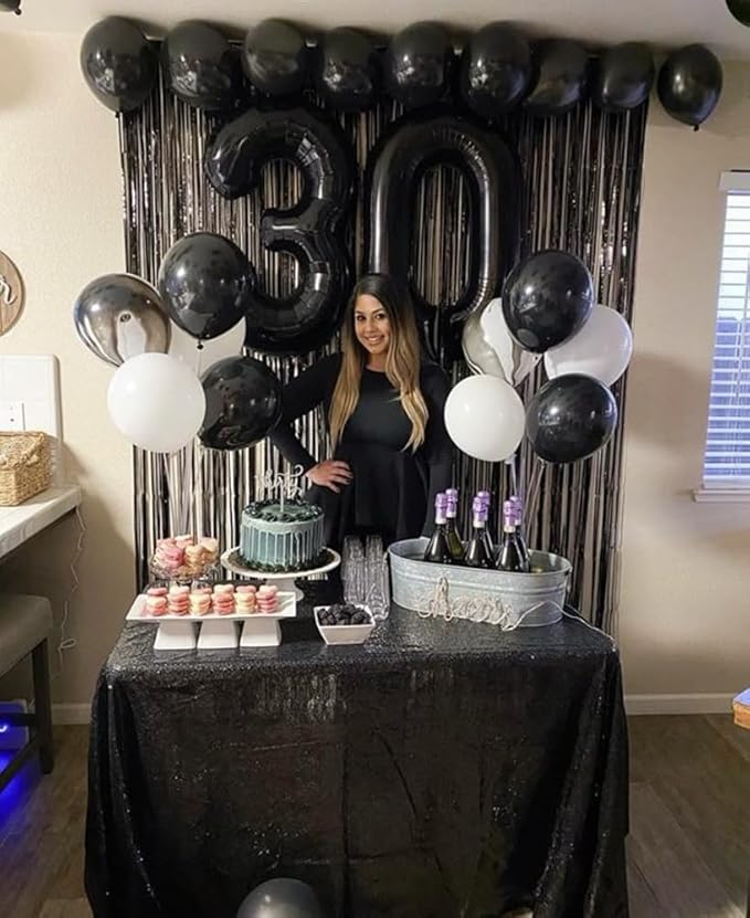 Black Backdrops Curtains Party Decorations, Tinsel Streamers Birthday Decoration for 30th Women Men, Photo Booth Props for Wedding, 2Pack 3.28X6.56Ft