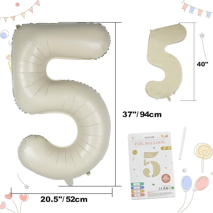 40in Birthday Big Number Balloon - CARGEN Giant Foil Balloons for Women Men Birthday Party Wedding Anniversary Supplies Decorations, Creamy White Five, No.5