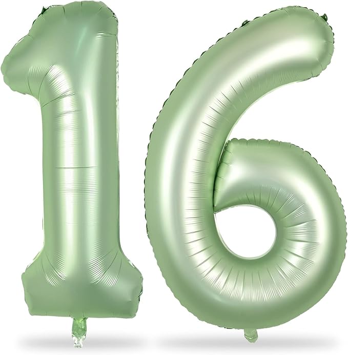 16th Birthday Balloons for Girls, 40 Inch Sage Green Foil 16 Number Balloons for Girls Boys, Olive Green Birthday Balloons Numbers 1 and 6 for Women Men 16th 61st Anniversary Jungle Party Decorations
