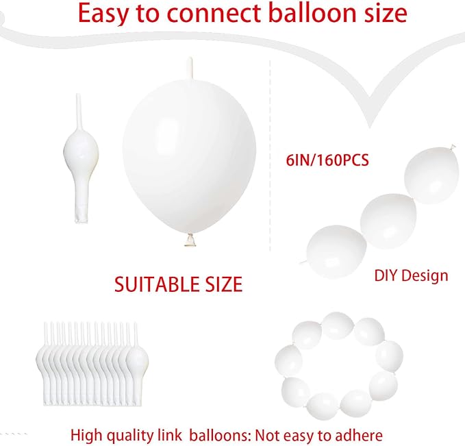 Link Balloons White 6 Inch Latex Quick Linkale Balloon 160 Pcs for Birthday, Halloween, Christmas, Party Festival Decorations