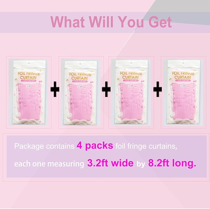 Light Pink Birthday Decorations - 4 Pack of 3.2x8.2ft Pink Foil Fringe Curtains Streamers Backdrop for Birthday Valentines Party Decoration