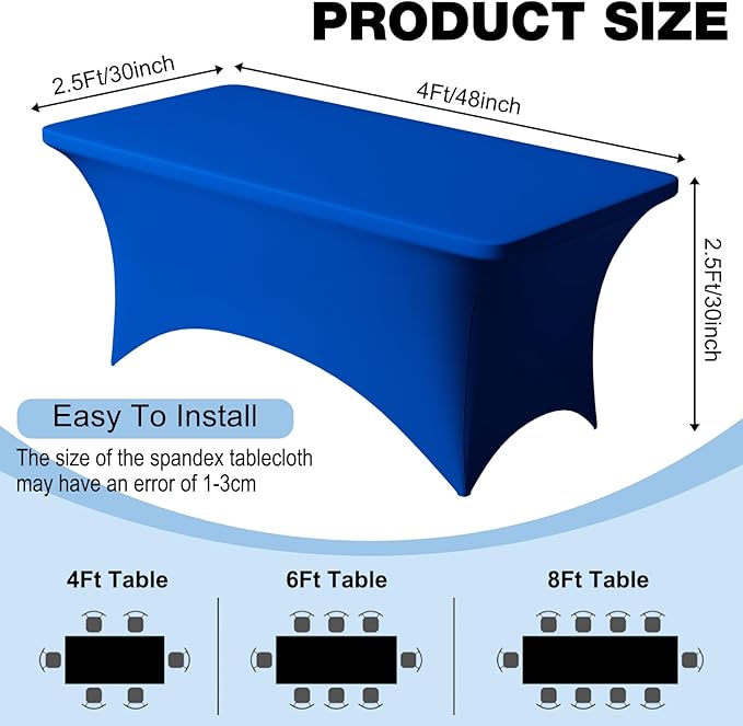 Trlyc 1 Pack 4FT Spandex Table Cloth - 48 x 30 Inch Rectangular Stretch Tablecloth, Wrinkle Resistant Scretch Table Cover for Wedding, Party, Banquet, Picnic, Outdoor Decoration (1Pcs,Royal Blue)