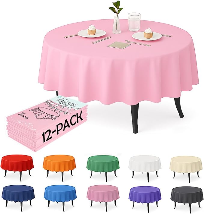 Craft And Party 12-Pack Light Pink Plastic Tablecloths – 84 Inch Round Disposable Table Covers, Heavy Duty & Waterproof for Parties, Events, Banquets, Light Pink