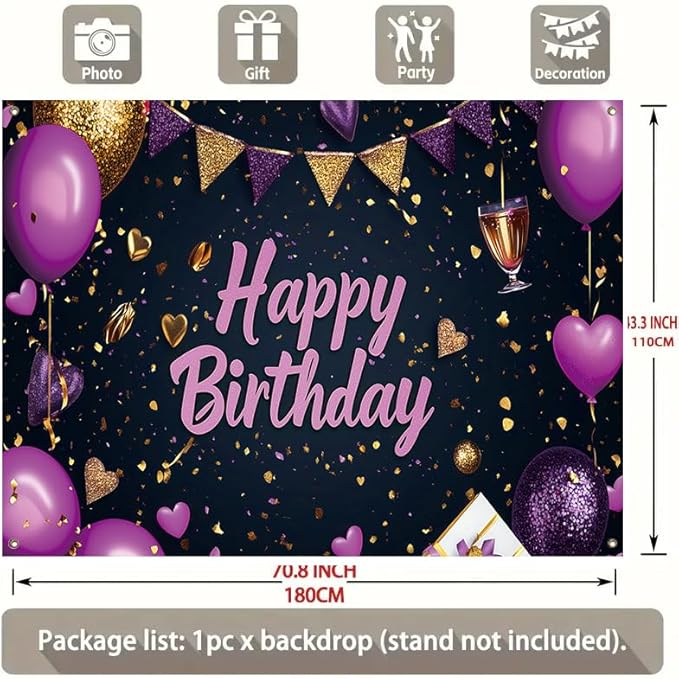 71x43 in Purple and Gold Birthday Party Backdrop, Happy Birthday Banner Decoration, Balloon Party Photography Backdrop, Suitable for Children, Adults, Girls, Ladies, Birthday Party Photo Setup Supplies