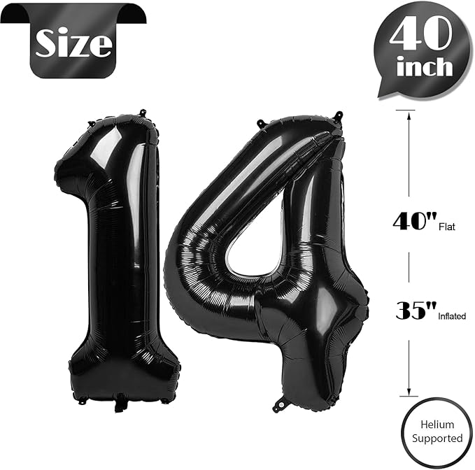 14 Balloon Number, Black Number 14th Birthday Balloons 40 Inch, Sweet 14 Years Old Black Birthday Decorations for Boys Girls, 14th Anniversary Decorations