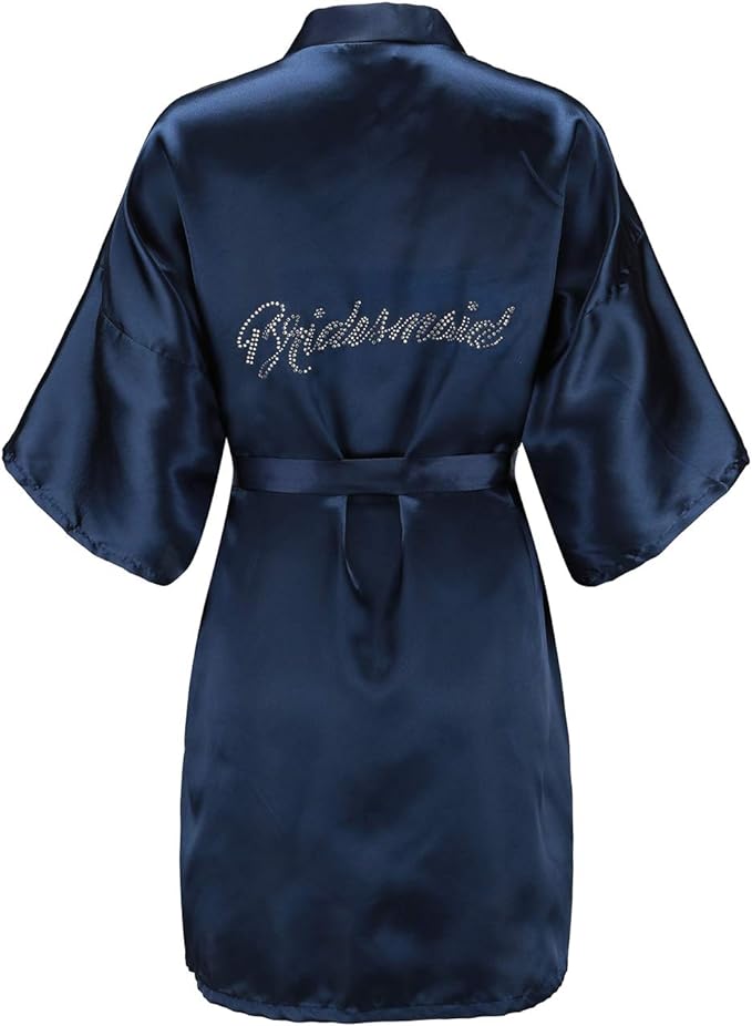 EPLAZA Women's One Size Silver Rhinestones Bride Bridesmaid Short Satin Robes for Wedding Party Getting Ready