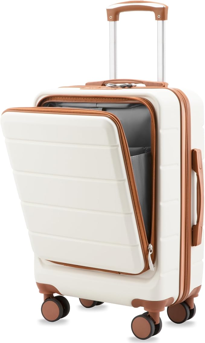 YOETEY Carry On Luggage 22x14x9 Airline Approved, Hardside Spinner Suitcase with Front Pocket for Laptop, TSA Lock & Silent Wheels (20 in, White)