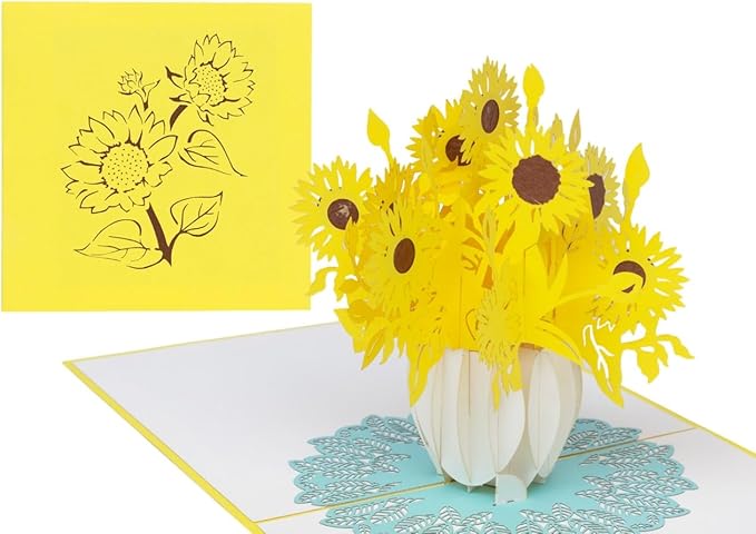 iGifts And Cards Inspirational Sunflowers 3D Pop-Up Card – Sunflower Bouquet in White Vase – Friendship, Thinking of You, Welcome Home, Housewarming, Encouragement Gift – 6 x 6 Handmade Floral Card