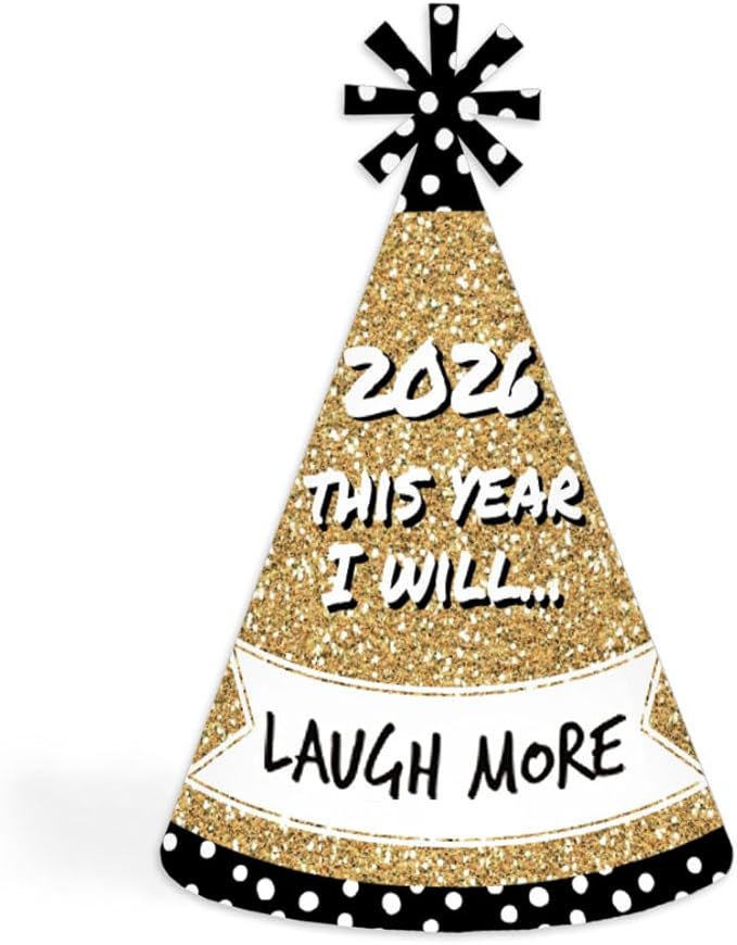 Big Dot of Happiness Pop, Fizz, Clink! - Cone Party Hats - 2026 New Year's Eve Resolution Cone Party Hat for Kids and Adults - Set of 8 (Standard Size)