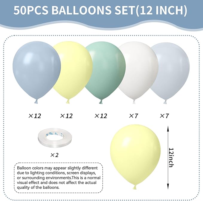Blue and Green Balloons, Baby Shower Balloons 50Pcs 12 Inch Pastel Light Green White Baby Blue Yellow for Kid Boy First 1st Birthday Decorations Party Blue and White Baby Shower Supplies