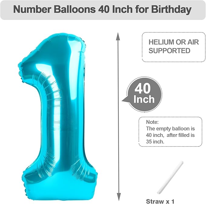 40 Inch Number 1 Balloon, Light Blue Balloons for Birthday Party Decoration, Foil Number 1 Ballon for 1, 10, 11, 12, 13, 21, 100 Celebration, Boy and Girl Birthday, Baby Shower, Anniversary Decor