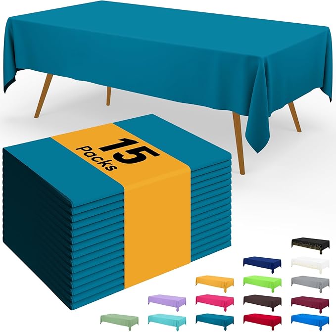 Smiry Disposable Table Cloth - 15 Pack, 54 x 108 Inch Waterproof Rectangle Tablecloths for Parties, Decorative Plastic Table Cover, Leakproof & Sturdy, Aqua