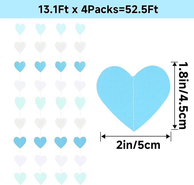 GCQQ Light Blue White Party Decoration - 52FT Glitter Blue Sliver Heart Garland 4 Packs Boy Girl Birthday Hanging Streamers for Valentine's Day Wedding Bachelorette Bridal Baby Shower Graduation Decor