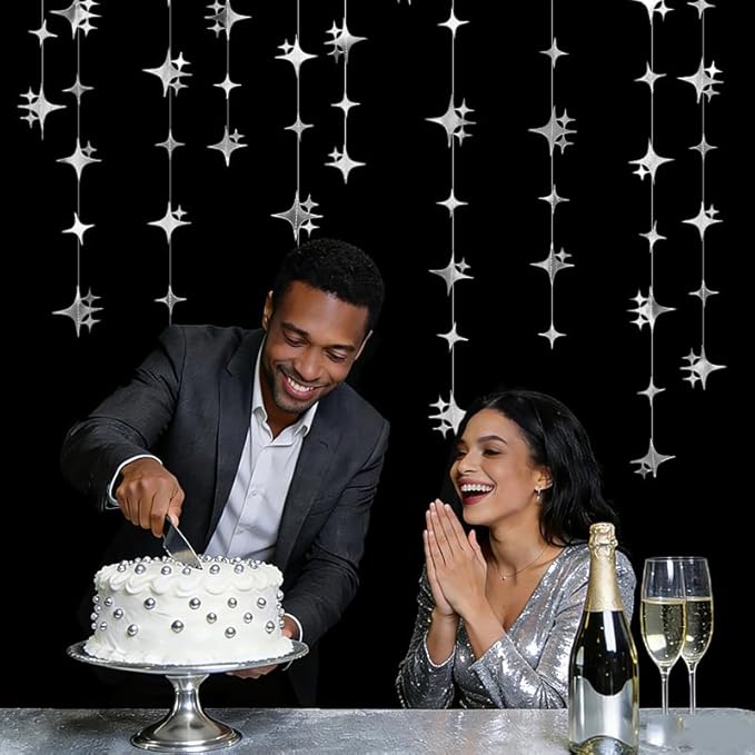 Glitter Silver Four-Angle Star Paper Garland Banner Décor 40 Feet Twinkle Silver Star Hanging Bunting Banner Backdrop for Wedding Baby Shower Birthday Graduation Disco Party Decorations