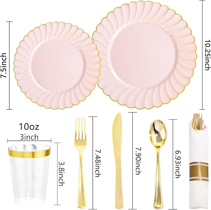 YOUBET 350PCS Pink Scalloped Plastic Plates - Pink and Gold Disposable Dinnerware Set Include 100 Plates, 150 Gold Silverware, 50 Cups, 50 Napkins for Wedding & Party Easter Mothers Day