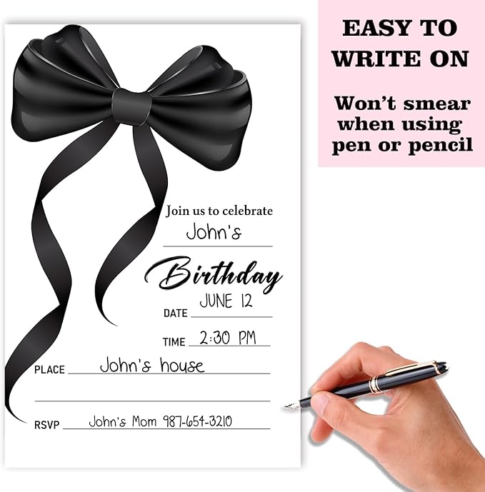 Black Bow Birthday Invitation Cards For Girls Adult Teens, Birthday Party Supplies Favors, 20 Fill-In Invitation Cards with Envelopes -01