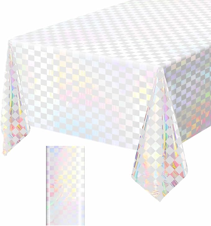 1 Pack White and Iridescent Checkered Tablecloth Shiny Disposable Holographic Foil Table Cloth Plastic Laser Rectangle Table Cover for Picnic Birthday Party Race Car Tablecloth