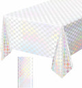1 Pack White and Iridescent Checkered Tablecloth Shiny Disposable Holographic Foil Table Cloth Plastic Laser Rectangle Table Cover for Picnic Birthday Party Race Car Tablecloth