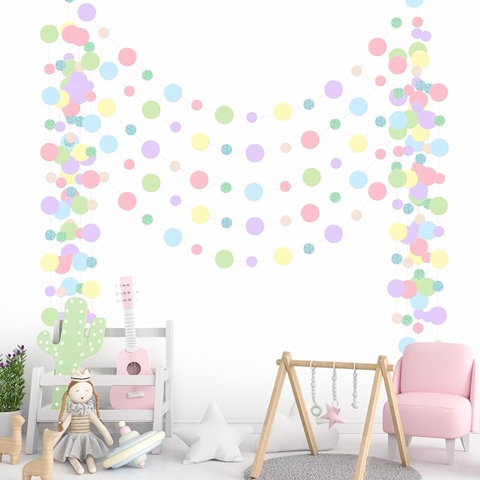 Outus 5 Pieces Colorful Dots Paper Garland Easter Decor Round Glitter Hanging Confetti Streamers Backdrop for Spring Birthday Classroom Halloween Trunk or Treat Car Decoration (Pastel)