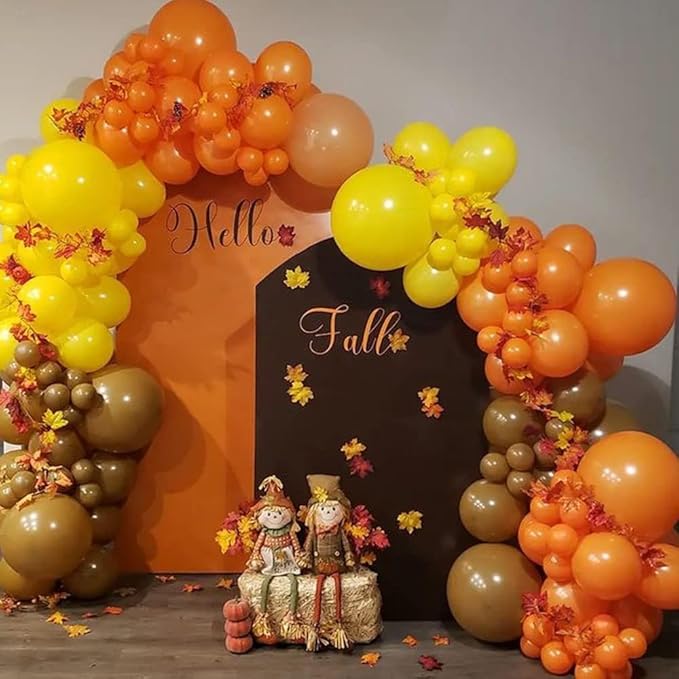 Fall Thanksgiving Balloon Arch Kit, 142Pcs Burnt Orange Burgundy Yellow Balloons with Maple Leaf Pumpkin Foil Balloons for Autumn Little Pumpkin Baby Shower Birthday Friendsgiving Party Decorations