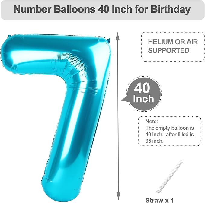 7 Number Balloons Light Blue, 17th Birthday Decorations For Boys And Girls, 40 Inch Big Balloons for 7, 17, 27, 70 Birthday, Wedding Anniversary, Christmas, New Year, Halloween Party Decor