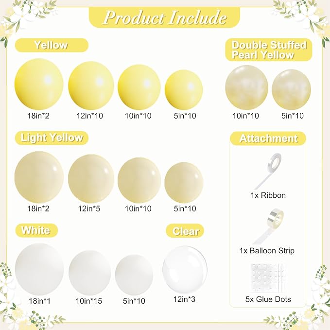 Yellow Balloon Arch Kit 108Pcs Double Stuffed Pearl Yellow Pastel Yellow White Clear Balloons for Bridal Shower Baby Shower Birthday Wedding Engagement Party Decorations