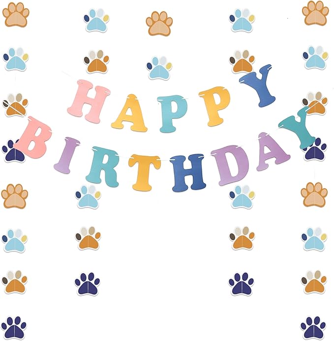 Dog Banners Paw Paper Garland Dog Happy Birthday Paper Hanging Cutouts Colorful for Kids Pet Themed Birthday Baby Shower Party Decorations