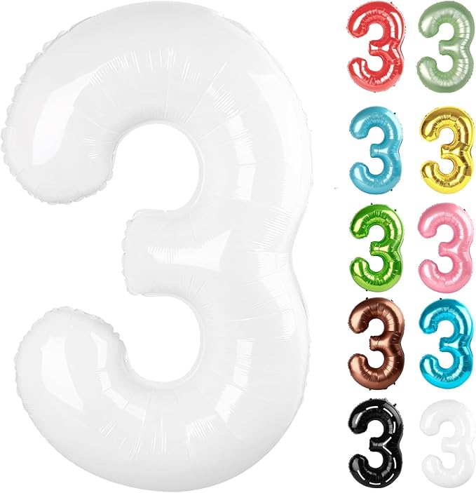 White Number 3 Balloon 40 Inch, 3 Balloon Number, 3rd Birthday Decorations, White Party Supplies for Boys Girls