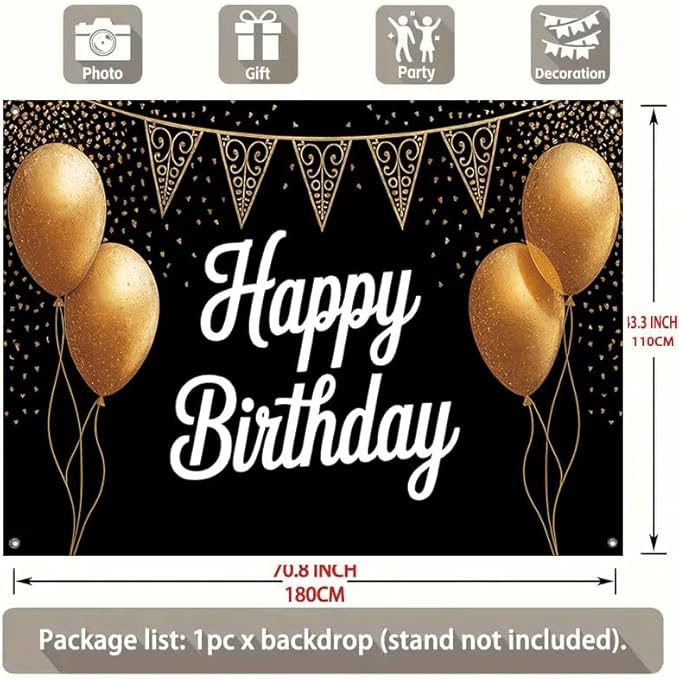 Happy Birthday Porch Banner 71x43 Inch, Large Black and Gold Balloon Backdrop with Confetti and Flags, Birthday Party Decorations for Indoor Outdoor Yard Patio Wall Hanging
