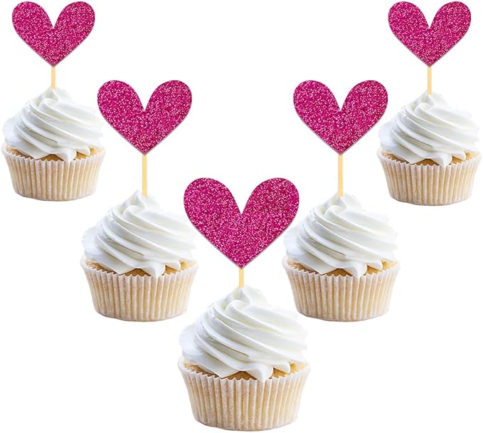 24Pcs Rose Red Heart Cupcake Toppers for Valentine's Day Decorations, Mixed Size Heart Valentine's Day Cupcake Toppers for Wedding Bridal Shower Party Decorations (Pitaya)