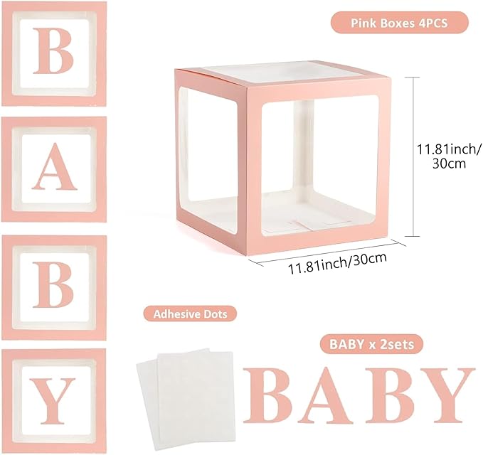 Baby Boxes with Letters for Baby Shower, 4 Transparent Balloon Boxes with Letters for Gender Reveal Birthday Wedding Baby Shower Decorations (Pink)