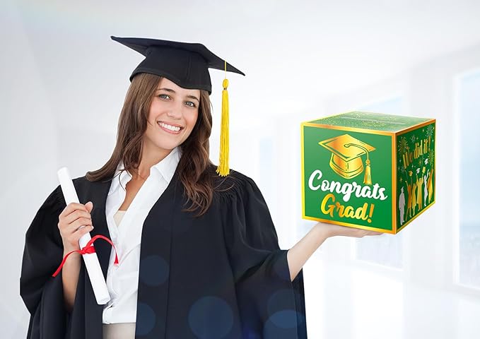 JWSCYSY Graduation Card Box Holder, Congrats Grad Foldable Cardboard Decorations Box for Graduation Party Favors Decor Party Supplies (Green Gold)