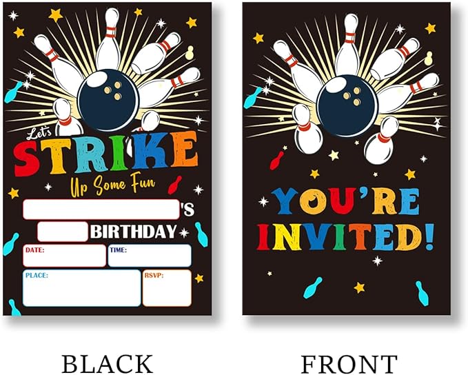 Bowling Birthday Party Invitations Supplies with Envelopes Set of 20 Bowling Theme Birthday Invites for Boys Fill in Blank, Double Sided