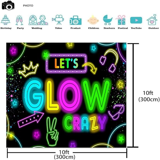 Neon Glow Party Decorations Supplies Backdrop 10x10ft Glow in The Dark Let’s Glow Banner Photography Background Birthday Sleppover Graffiti Splash Paint Black Light Kids Photo Booth