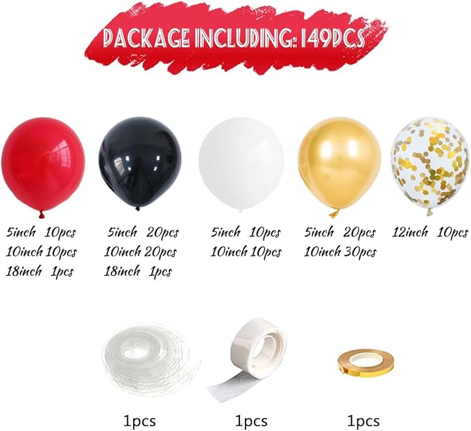Red Black White Balloon Arch Kit 149Pcs with Gold Confetti Balloon for Red and Black Birthday Party Decorations Graduation Party Birthday