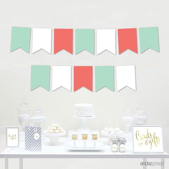 Andaz Press Hanging Pennant Banner with String, Mint Green, White, Coral, 1-Set, 24 Pennants, Approx. 12-Feet Long