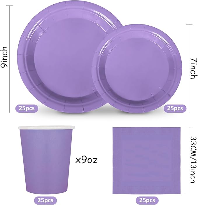 Whaline 100Pcs Lavender Tableware Set Graduation Light Purple Disposable Dinnerware Set 50Pcs Paper Plates 25Pcs Napkin 25Pcs Cups for School Wedding Birthday Bride Shower Party Supplies Table Decor
