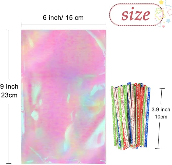 HRX Package 120pcs Iridescent Cellophane Treat Bags with Ties, 6x9 inch Holographic Plastic Goody Bags for Candy Party Favors Small Gifts
