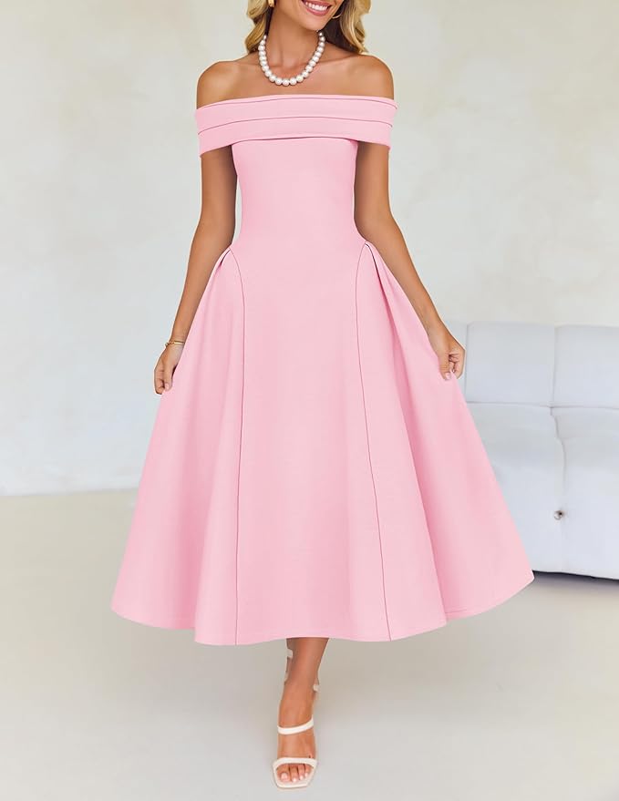 ZESICA Summer 2026 Cocktail Dresses for Women's Off Shoulder Short Sleeve Swing A Line Wedding Evening Party Midi Dress
