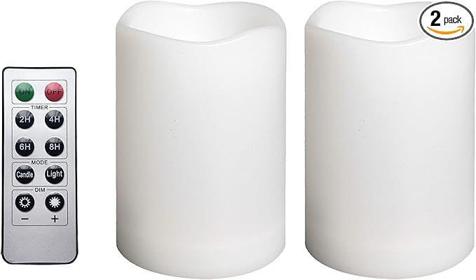 2 Pack Outdoor Flameless Pillar Candles with Remote and Timer Waterproof Battery Operated Electric LED Candle Set for Gift Home Décor Party Wedding Supplies Garden Christmas Decoration, 3” x 4”