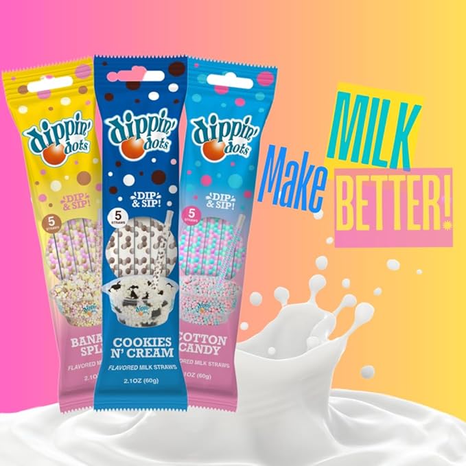 Dippin’ Dots Magically Flavored Milk Straws, Cotton Candy, Cookies 'n Cream, and Banana Split, 6-Pack Party Bundle (30 Count) | Fun Magic Straws for Kids, Drinks & Cereal | | Sweet Party Treats & Favors
