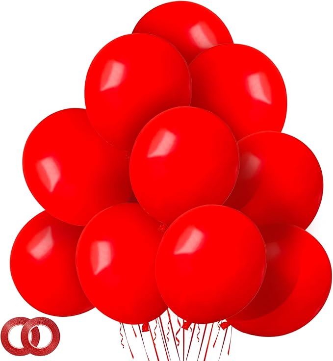 ASIYUHY Red Balloons 12 Inch 100 Pack Thicken Latex Red Balloon with 2 Rolls of Ribbon Round Helium Balloons for Christmas Valentine Birthday Wedding Baby Shower Party Decorations