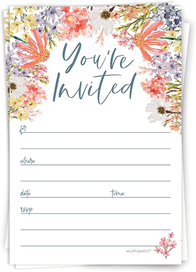 m&h invites Wildflower Invitations With Envelopes (20 Count) - Floral Boho Garden Theme For Bridal Shower, 1st Birthday, Adult Birthday, Brunch or Baby Shower