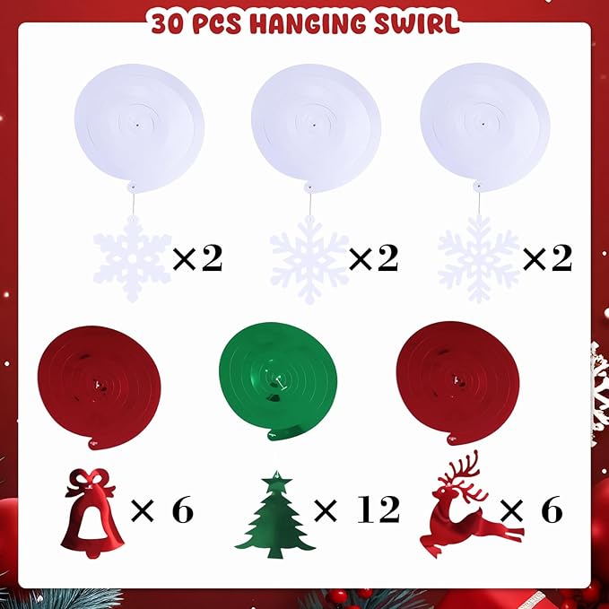 30 Pcs Christmas Hanging Foil Swirl Decorations Set Xmas Hanging String Garland for Winter Wall Christmas Party