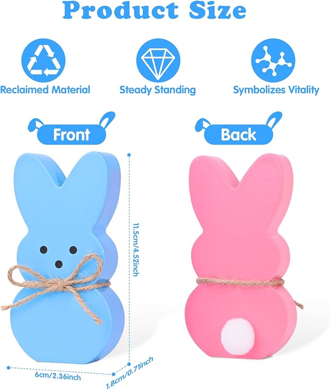 Easter Décor, 4 Pcs Wooden Peep Bunny Decorations for Tiered Tray, Mantel, Farmhouse, Cute Spring Signs for Home, Office, Party Supplies