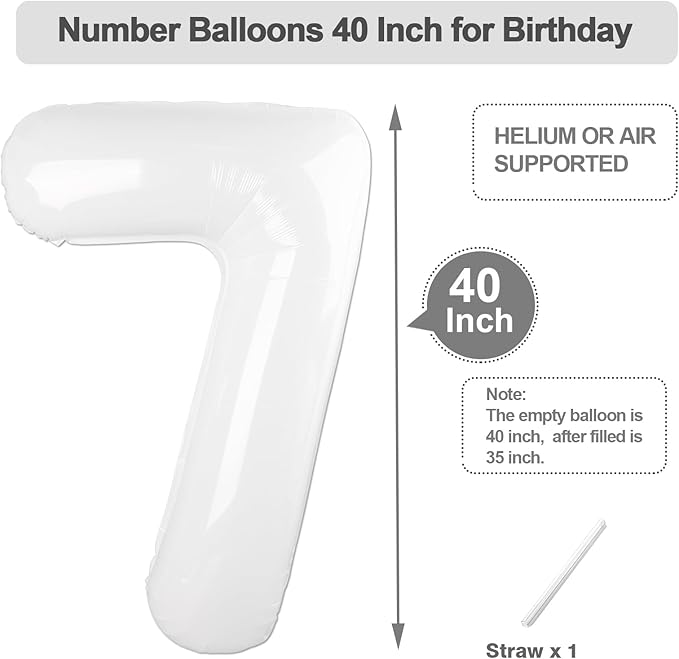 7 Balloon Number White, 17th Birthday Decorations For boys And Girls, 40 Inch Big Balloons for 7, 17, 27, 70 Birthday, Wedding Anniversary, Christmas, New Year, Party Decoration