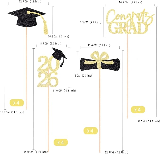 Graduation Decoration Class of 2026 Centerpieces for Table, 2026 Party Centerpieces Grad Cap Sticks Party Supplies, Graduation Party Decoration Toppeers (16 PCS, Gold & Black, Set of 4)